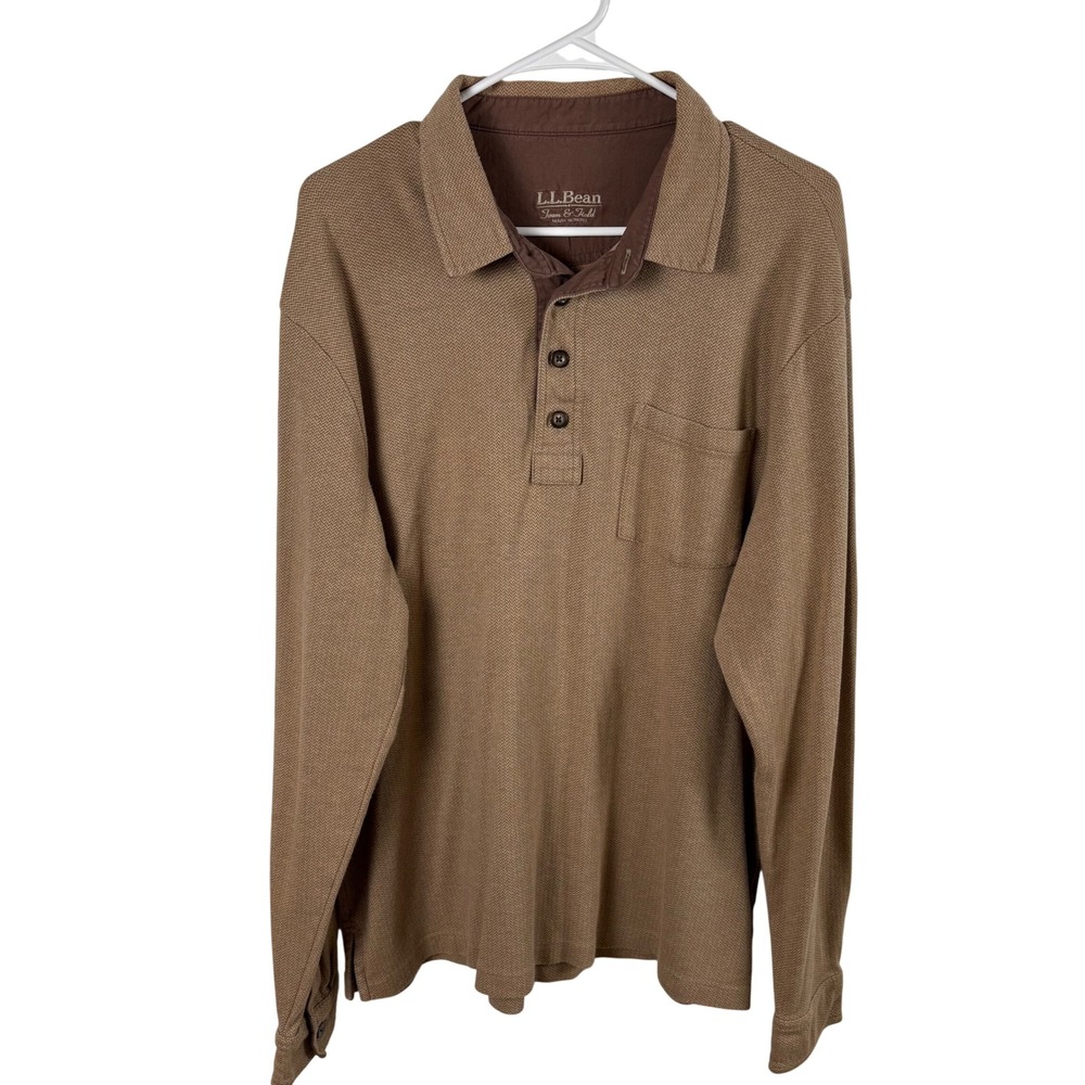 LL Bean Town & Field Long Sleeve Polo Mens L Tan Herringbone Shirt Heritage Prep